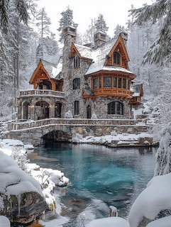 Wooden chalet with turquoise stream and snow-covered forest in winter