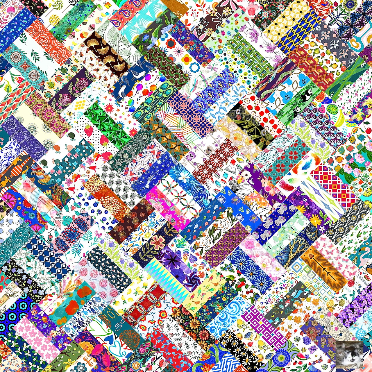 Colorful diagonal patchwork quilt with diverse patterns and fabrics arranged in strips