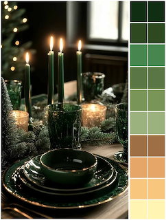 Christmas dinner table with green candles, dark plates, and golden lights creating festive holiday ambiance