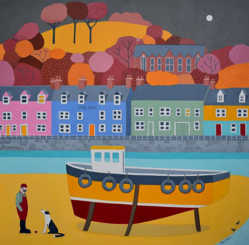 Stylized harbor scene with a fishing boat, colorful houses, trees, and a sunset sky