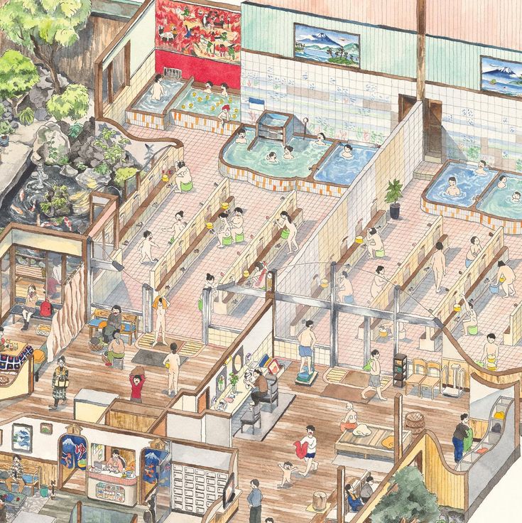 Isometric cutaway view of a traditional Japanese bathhouse with multiple rooms and people