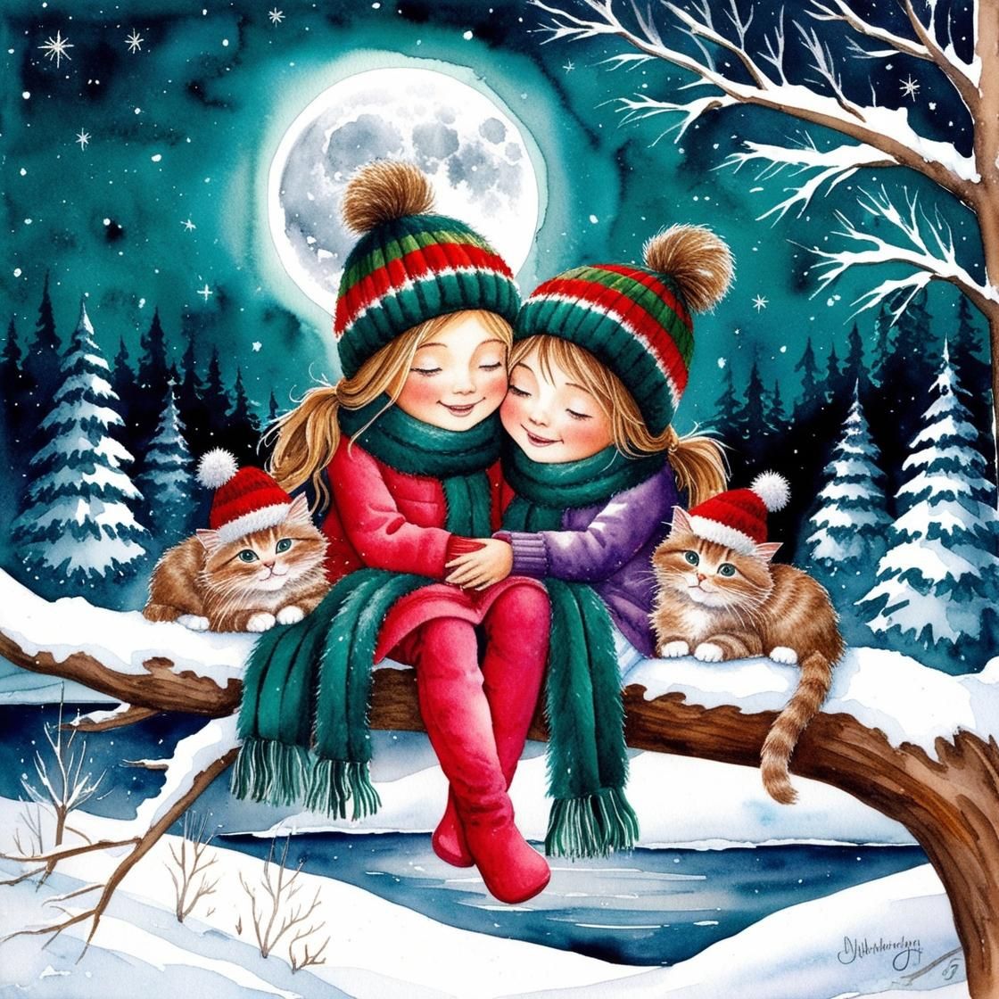 Two girls in winter clothes hug on a snowy branch with two kittens beneath a full moon