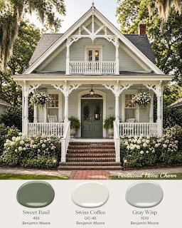 Victorian-style gray house with white porch trim, brick steps, hydrangeas, and three paint swatches at the bottom