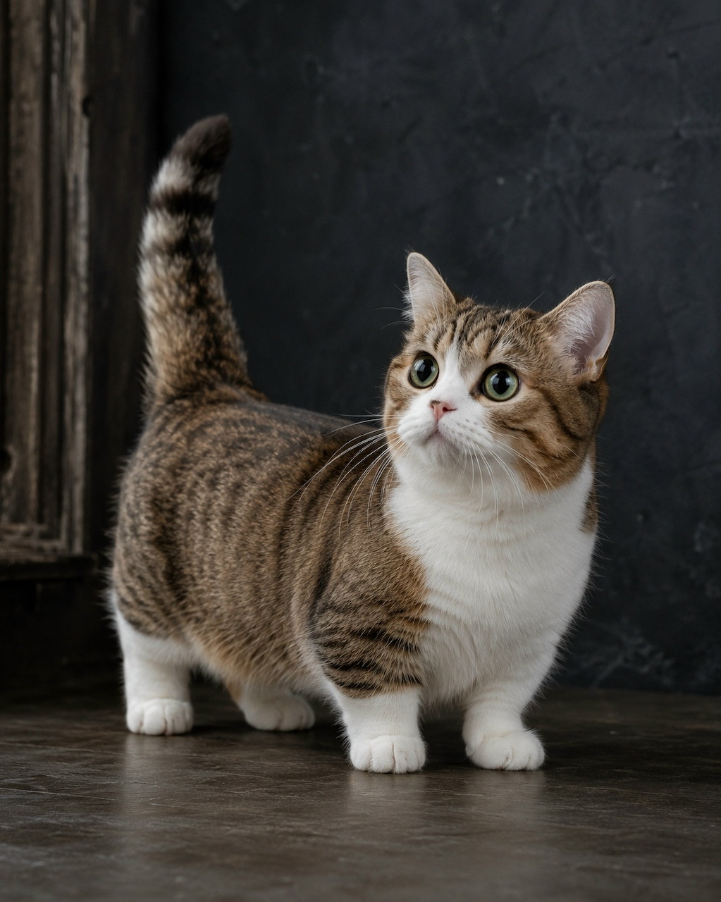 Brown tabby and white cat standing on a wooden floor, looking up
