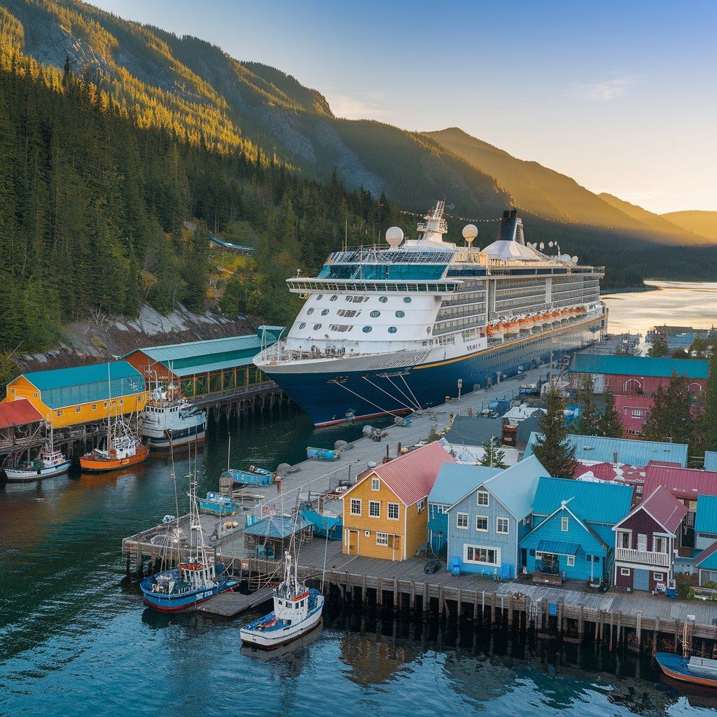 Cruise ship docked at a colorful port town with mountains and green forests in the background at sunset