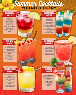 Colorful poster of six summer cocktail recipes with drink photos, fruit garnishes, and ingredient text