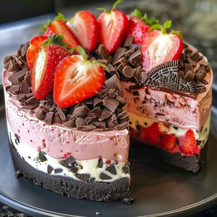 Layered strawberry cheesecake with Oreo base, fresh berries, and chocolate pieces, one slice removed