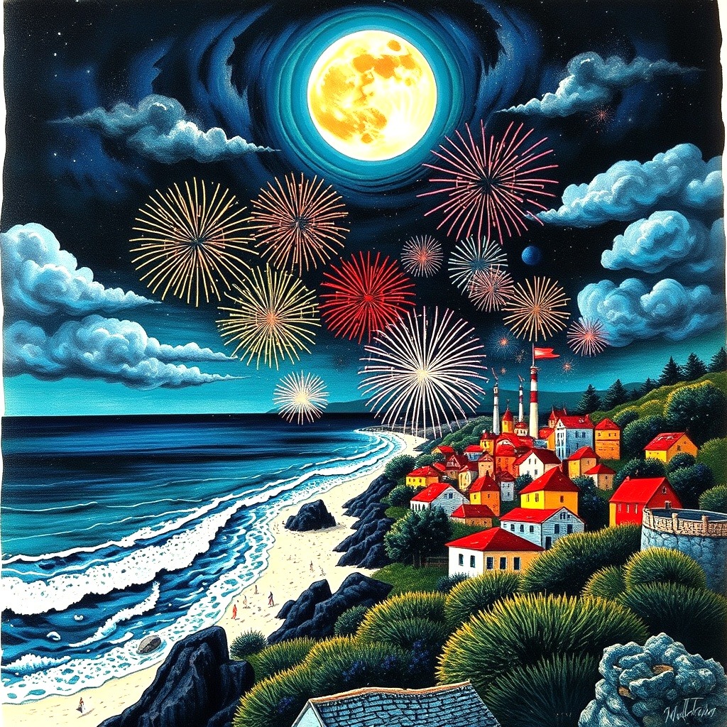 Moonlit Coastal Fireworks