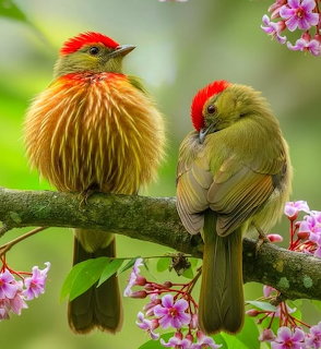 Two striolated manakin birds with bright red heads and yellow-green plumage sitting on a branch with pink flowers