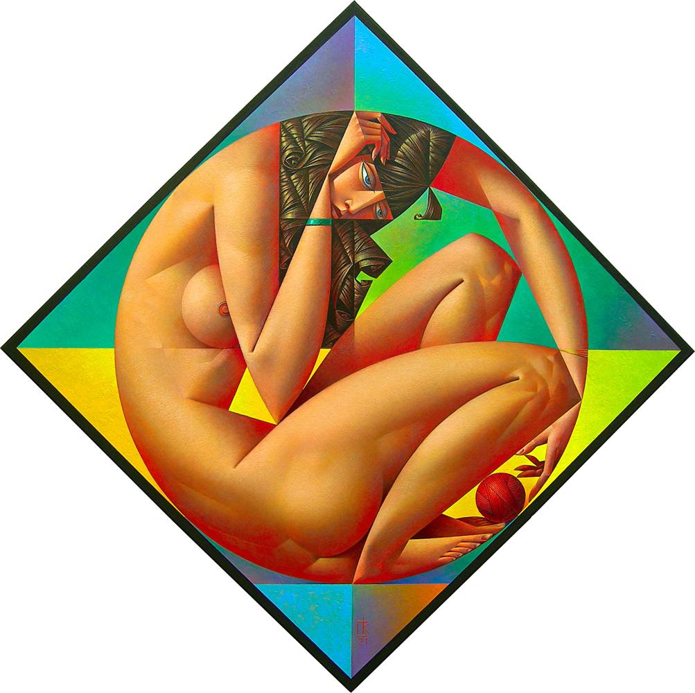 Cubist geometric painting of woman with colorful angular fragments and triangular composition