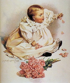 Vintage illustration of a baby in a white dress playing with pink rose petals beside a bouquet of roses