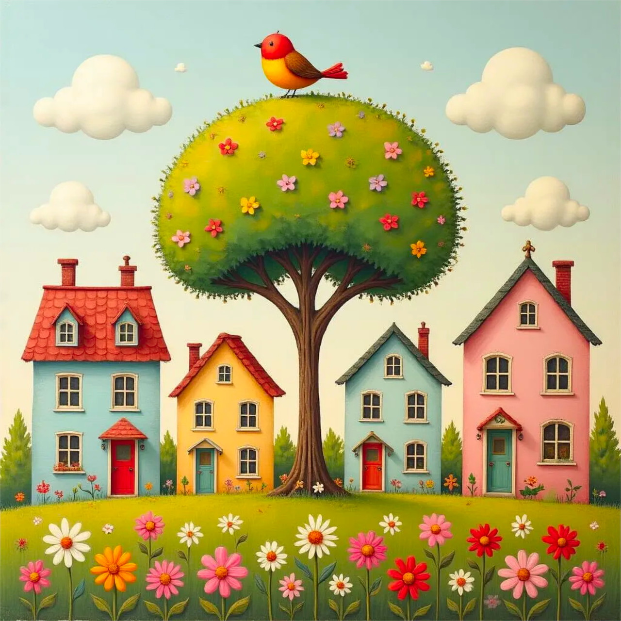 Whimsical cartoon village with colorful houses, flowering tree, bird, and blooming flowers under fluffy clouds