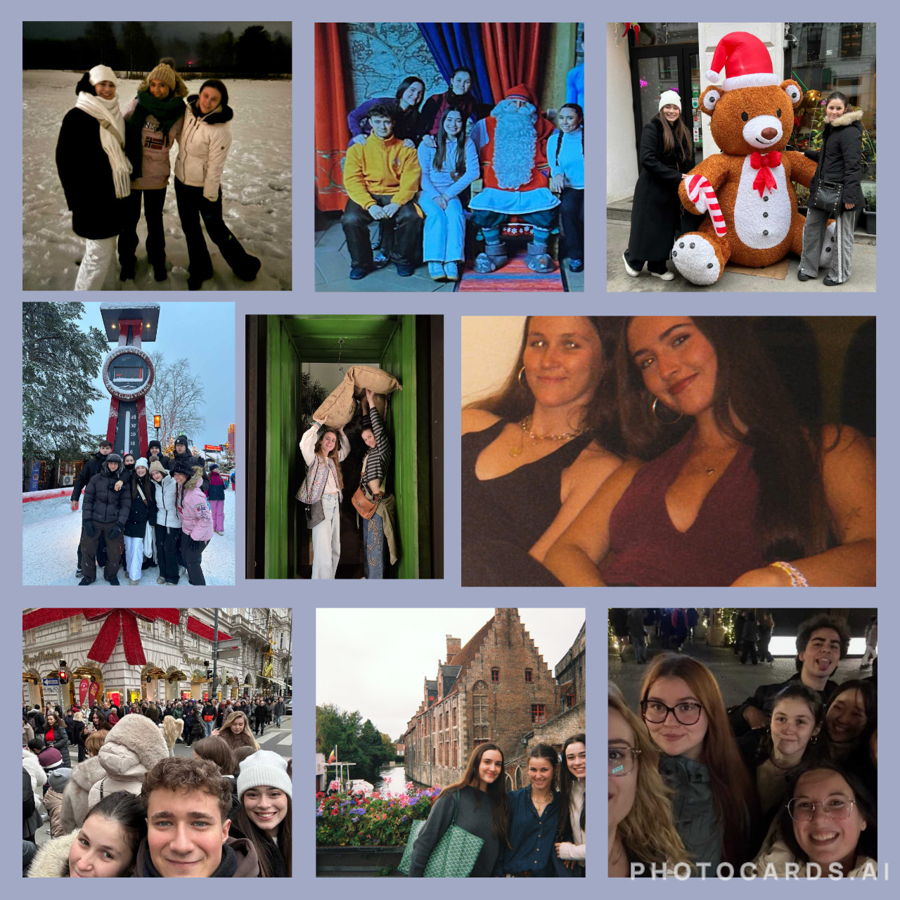 Collage of group photos showing friends posing together in various indoor and outdoor scenes