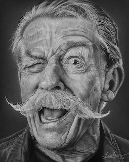 Hyperealistic pencil drawing of an elderly man winking with a handlebar mustache and open mouth laugh
