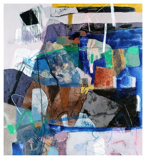 Abstract mixed media artwork with blue, green, brown and gray geometric shapes in layered collage composition