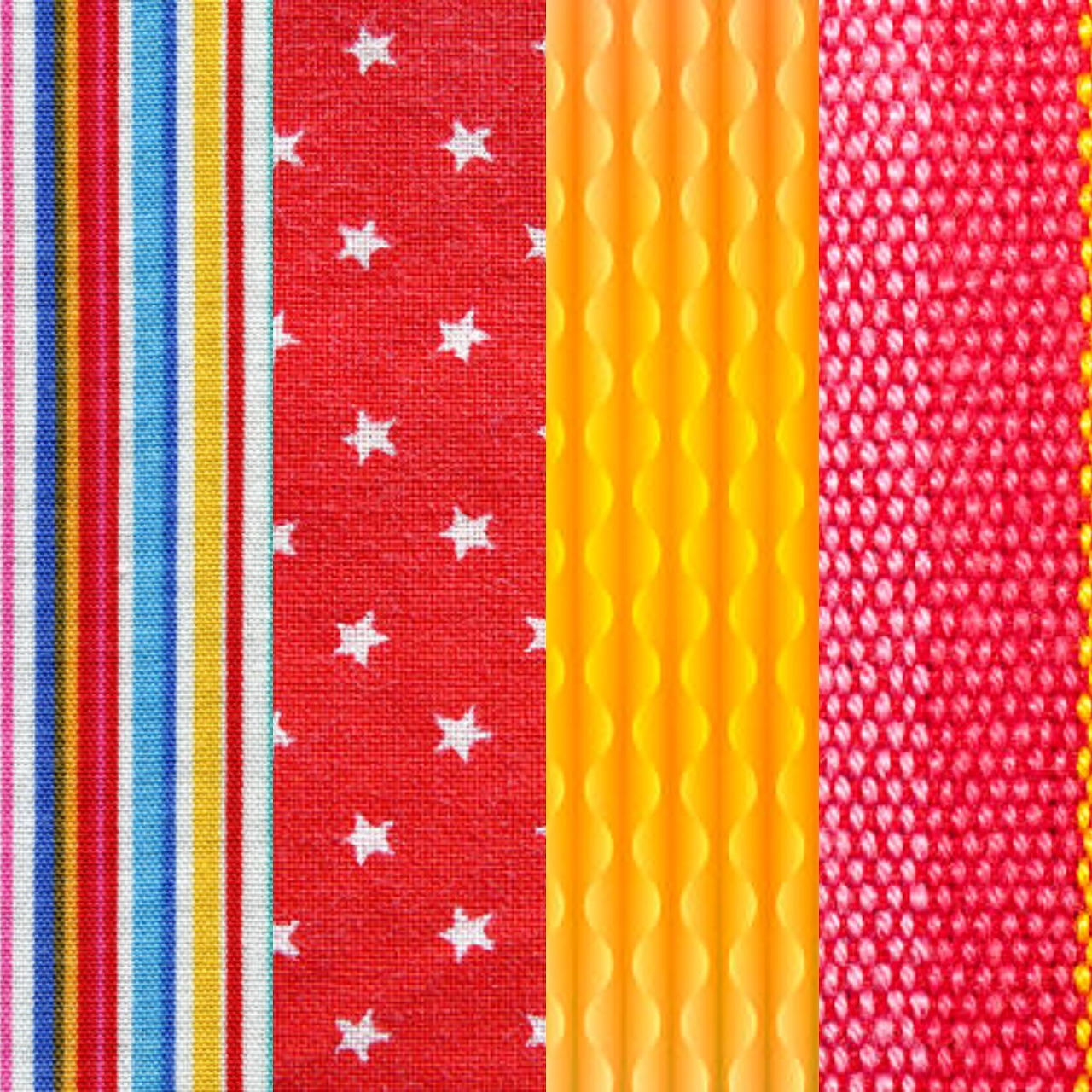 Colorful fabric strips with stripes, stars, waves and polka dots arranged vertically