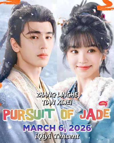 Pursuit of Jade Chinese drama poster featuring two actors in traditional costumes against a snowy background
