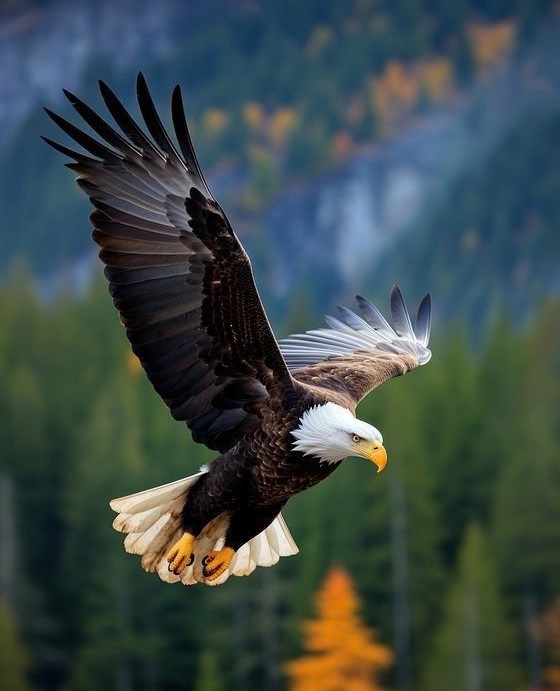 Bald eagle flying with wings spread over a blurred forest background