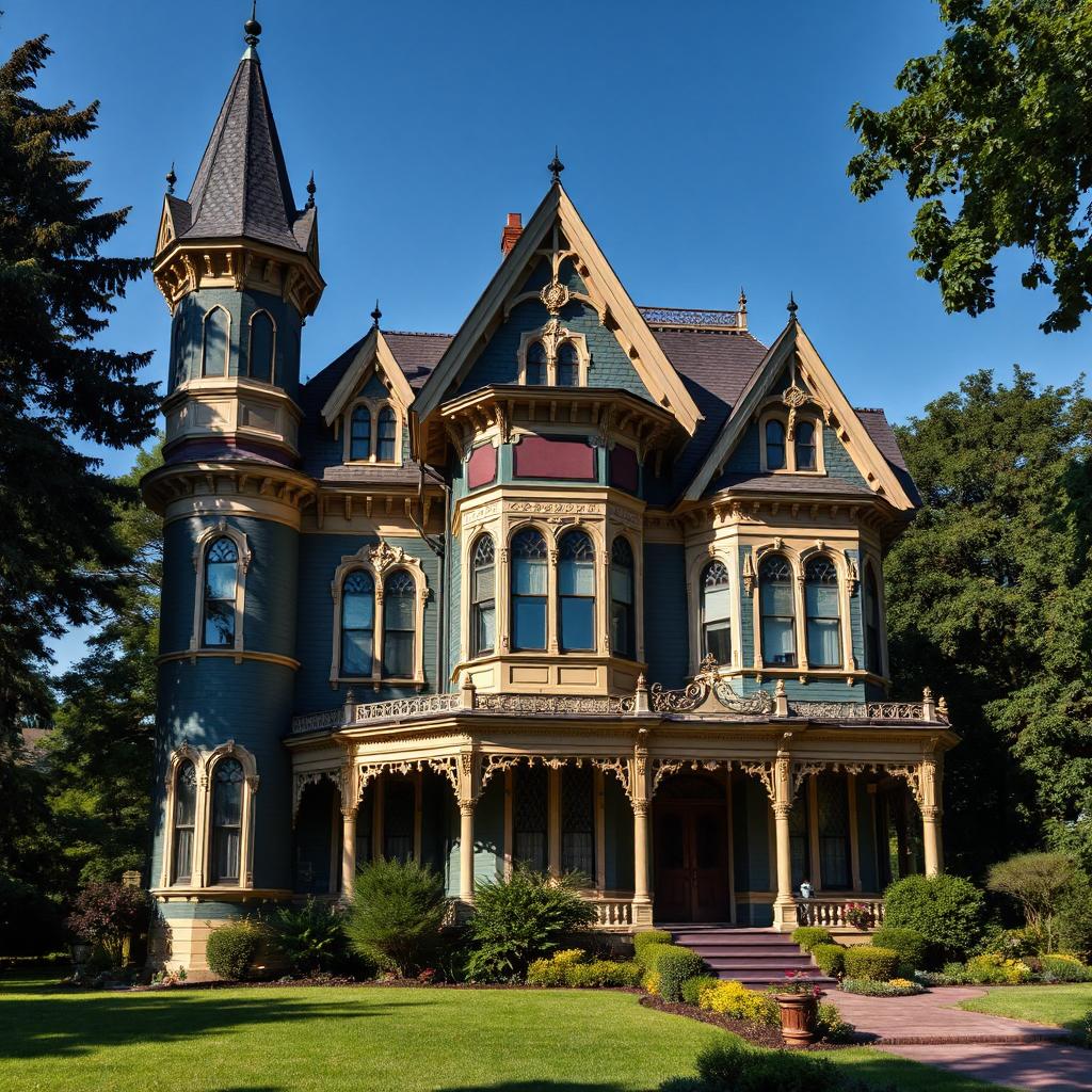 Grand Victorian house with turret and ornate architectural details on green lawn