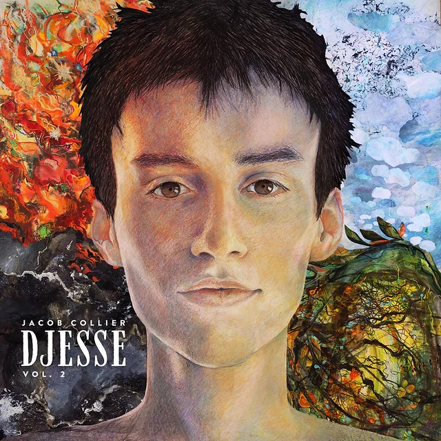 Painted portrait of a young man with colorful artistic panels of fire, clouds, and nature surrounding his face