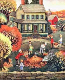 Folk art scene of children raking fallen leaves around a yellow house with autumn trees and red barn