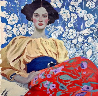 Woman in Blue Floral Setting