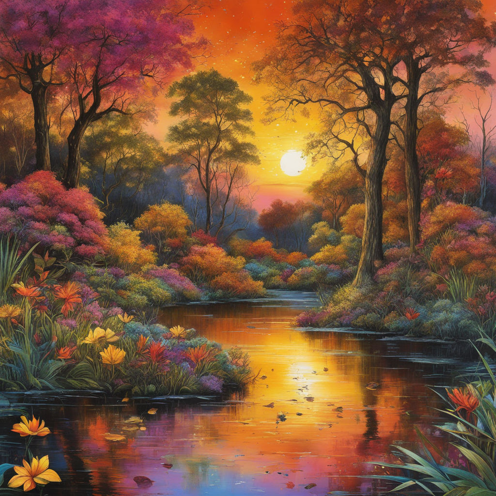 Colorful painted sunset scene with river, trees, and flowers in warm autumn tones