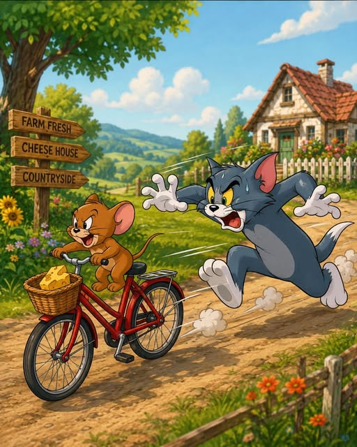 Tom chasing Jerry near a red bicycle on a country path by a cottage