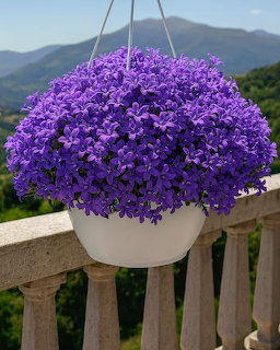 Purple Dalmatian bellflower in white hanging basket against mountain backdrop