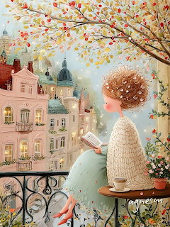 Girl reading book on balcony with autumn tree and city view