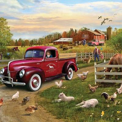 Vintage red pickup truck on farm with barn, chickens, sheep, and white fence at sunset