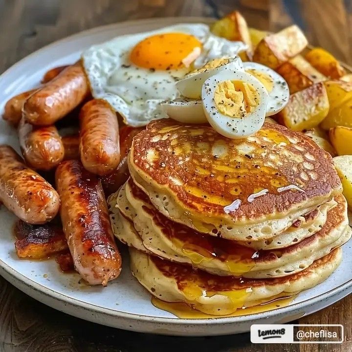 Breakfast plate with stacked pancakes, sausages, fried egg, hard-boiled egg slices, and roasted potatoes