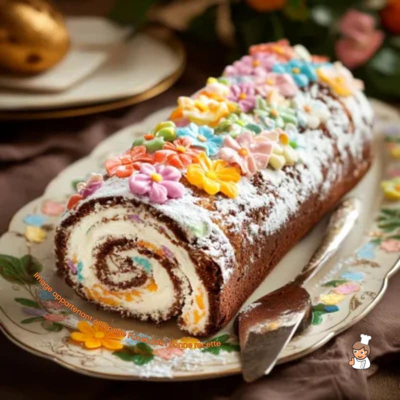 Chocolate Swiss roll cake topped with multicolored buttercream flowers and powdered sugar on decorative plate