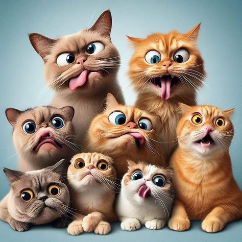 Group of eight cartoon cats making silly faces with tongues out and exaggerated expressions