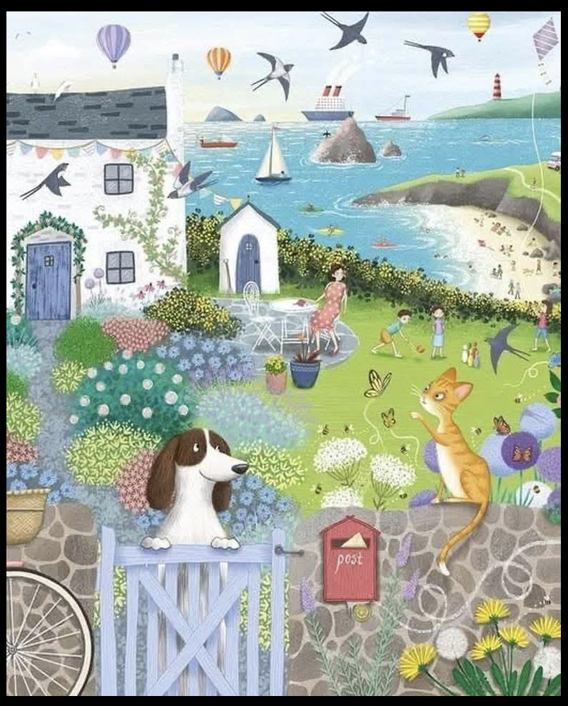 Naive folk art painting of a coastal village scene with dog, cat, flowers, sailboats, and hot air balloons