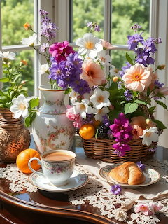 Tea cup with pastries and colorful flower arrangement on lace tablecloth by window