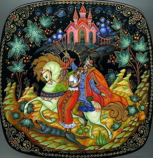 Russian Palekh lacquer art showing folkloric scene with colorful figures, horses, and castle on black background