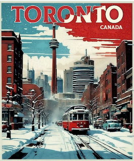 Vintage poster of snowy Toronto street with red streetcar, CN Tower, and brick buildings
