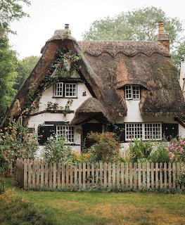 White thatched-roof cottage with a picket fence and garden in front