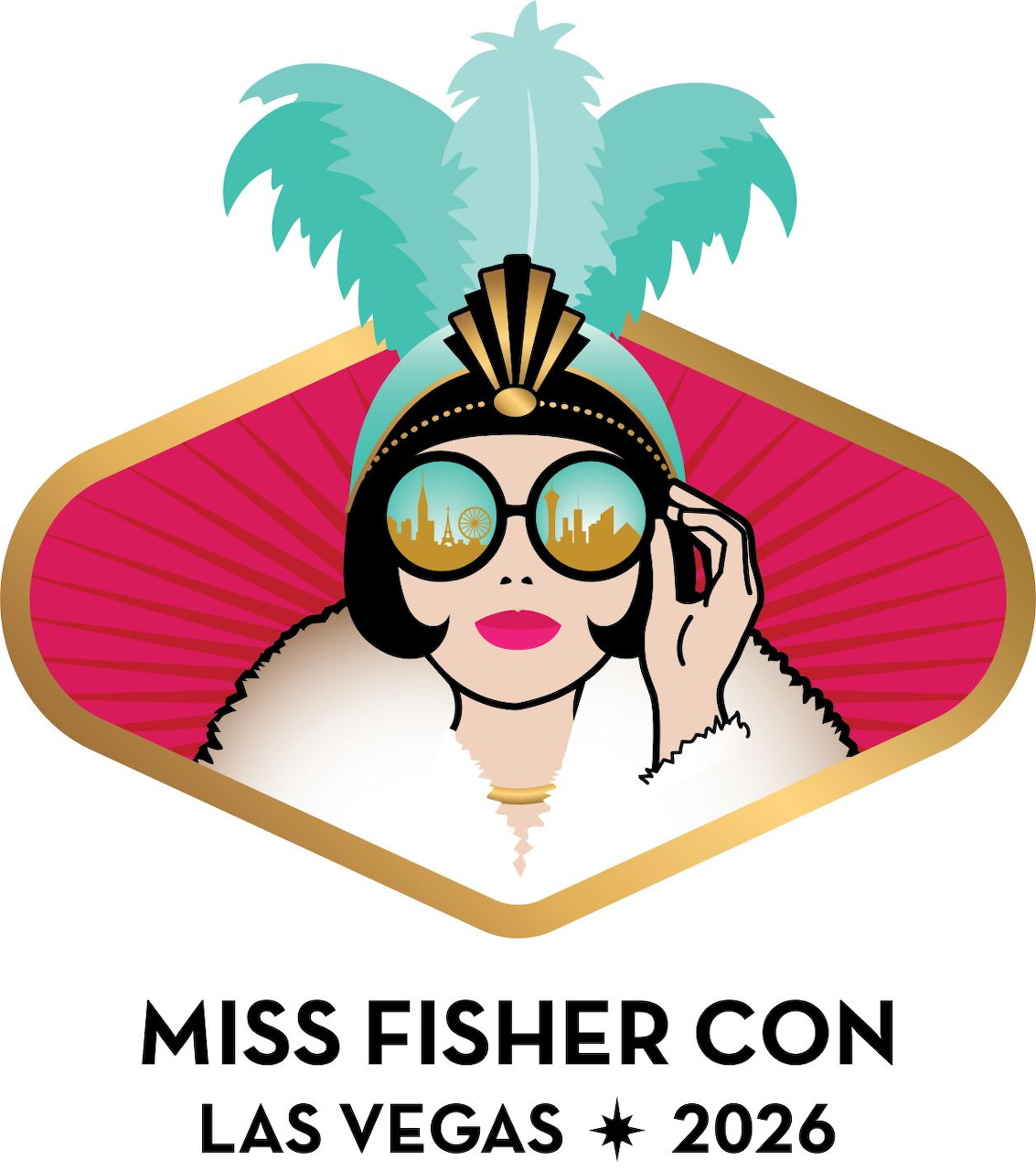 Art deco style illustration of a woman with feathered headpiece and mirrored sunglasses for Miss Fisher Con Las Vegas 2026