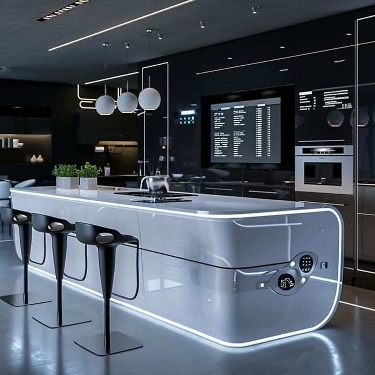 Futuristic kitchen with glowing white island counter, dark walls, bar stools, and digital screens