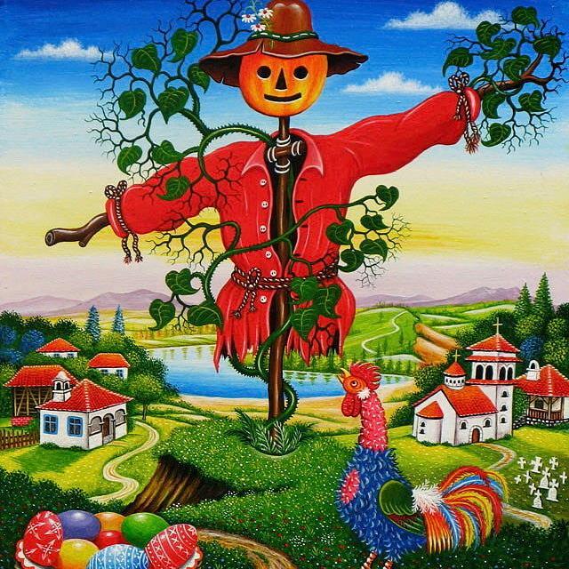 Naive art painting of scarecrow in red coat above colorful village scene with houses, rooster, and flowers