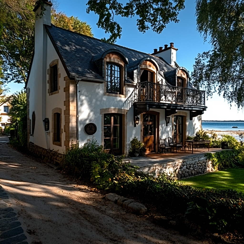 White stone cottage with iron balcony and arched windows near a lake surrounded by trees