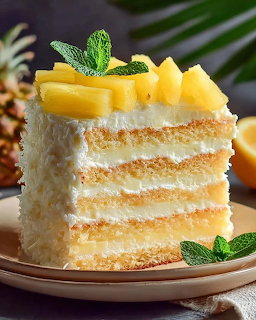 Square layered cake with white frosting, topped with pineapple slices and mint garnish