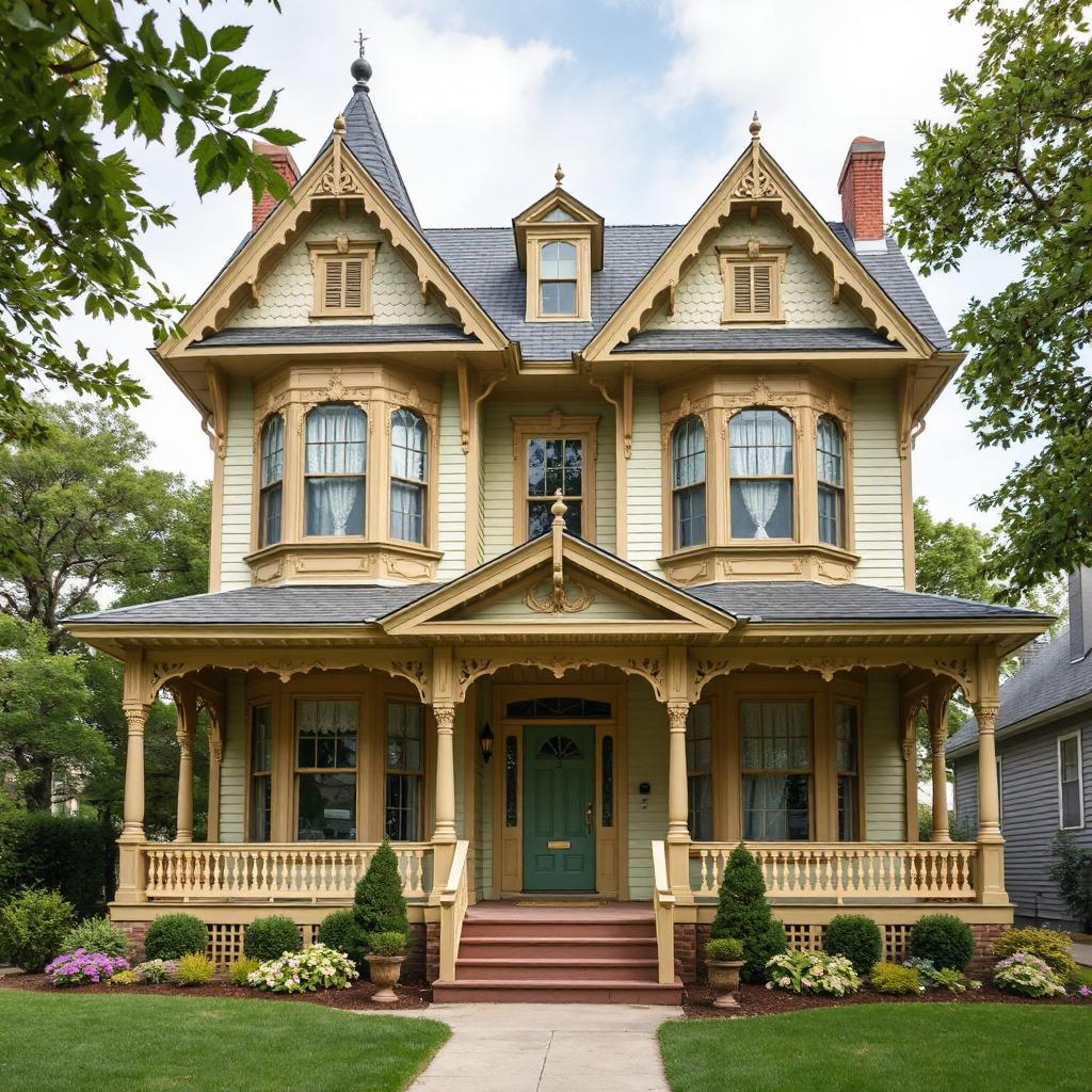 Victorian house with ornate gables, wraparound porch, and green lawn