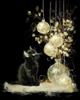 Black kitten beside glowing lantern lights and pale leaves on a dark background