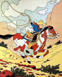 Tintin on horseback racing through desert terrain with dramatic sky background