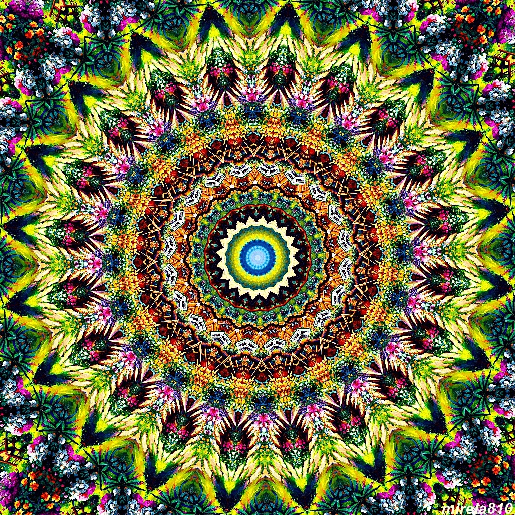 Intricate colorful mandala with yellow star patterns and blue center in radial symmetry