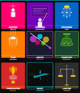 Colorful 3x3 grid of minimalist career profession icons including doctor, teacher, engineer, chef, artist, scientist, firefighter, pilot, and lawyer