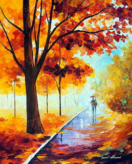Painting of an autumn park path with bright fall trees and a distant walking figure